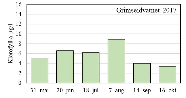 I Birkelandsvatnet var innholdet av klorofyll-a høyest i juli (figur 8), og med et gjennomsnitt på 8,3 μg/l tilsvarer dette tilstand «god» (tabell 6).