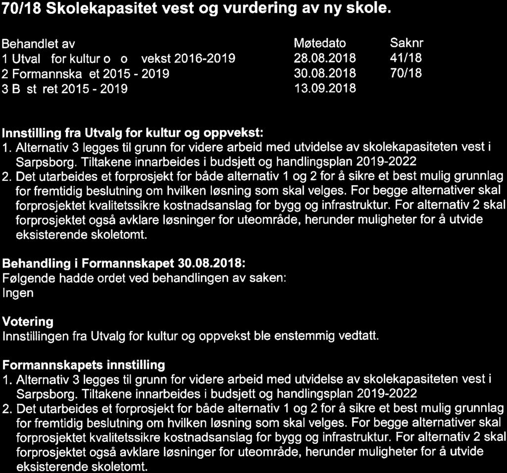 70/18 Skolekapasitet vest og vurdering av ny skole. 1 Utval for kultur o o 2 Formannska et 2015 3 B st ret 2015-2019 vekst 2016-2019 -2019 28.08.2018 30. 08. 2018 13. 09.