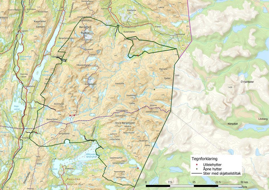 Figur 9. Stier med skjøtselstiltak i Børgefjell/Byrkije nasjonalpark, kart utarbeidet av nasjonalparkforvalter Tore Tødås.