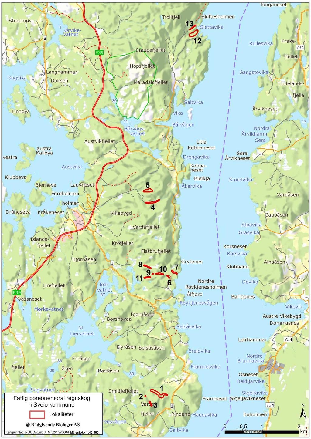 Figur 1. Beliggenheten til de kartlagte naturtypene i Sveio kommune.