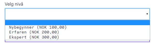 3) Nedtrekksmeny: Anbefales dersom du skal ha flere undervalg for informasjonsfeltet. Du kan også legge inn priser for de ulike undervalgene så vel som en negativ pris (eks.