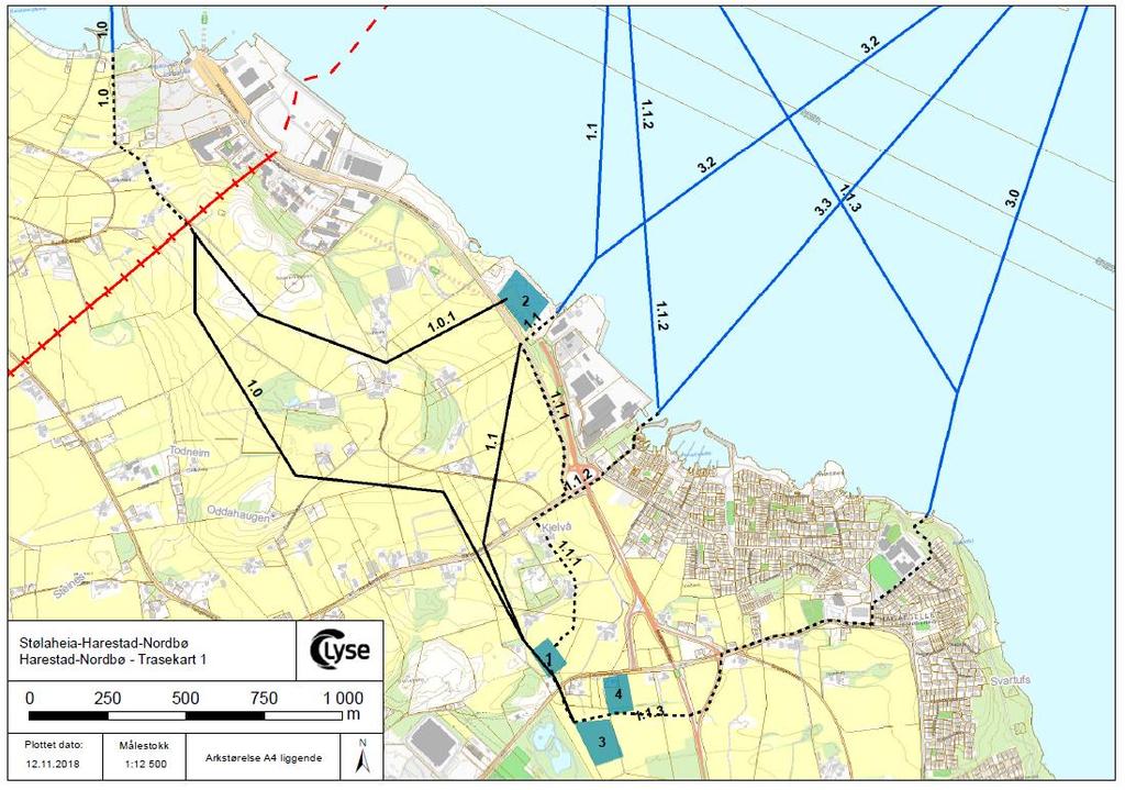 Figur 3.8. Trasekart Harestad-Byfjorden. Alternativ 1.