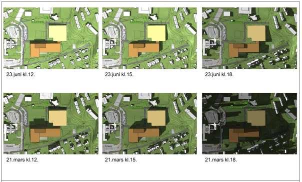 Figur 26 Sol/skygge av konseptet. Felles utearealer har gode solforhold. Slagskygge av bebyggelsen for nabobebyggelse i sør er relativt lav og begrenset til kl. 18.00. 6.3.