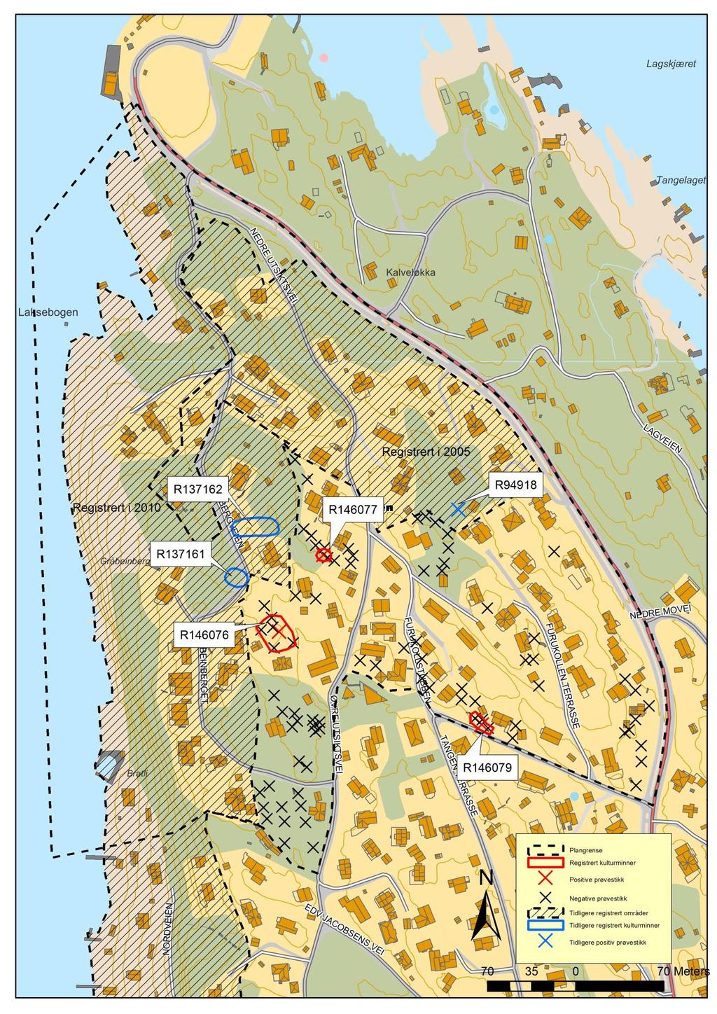 Nordre tangen Kart 1: Oversiktskart med Plangrense, funn, negative prøvestikk,