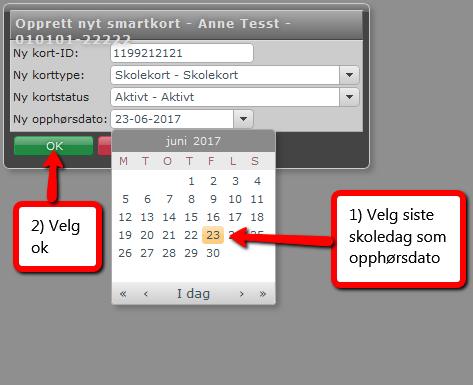 Den siste boksen som kommer opp viser kortet som er registrert på eleven. 3.3.2 Registrere Tap/feil på kort Start på samme måte som ved registrering av nytt kort.