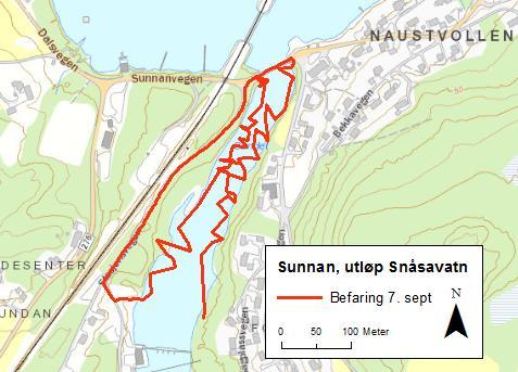 Figur 4. Områder undersøkt for forekomster av elvemusling ved snorkling mellom Snåsavatn og Fossemvatnet.