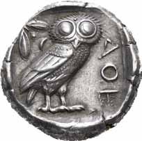 Per Lundgren og Norsk Numismatisk Forening auksjon 25/8-2004 nr.7 13 14 14 Attica, Athen, 449-413 f.kr. Tetradrachme (17,11 g). Hode av Athene mot høyre/ Ugle stående mot høyre.