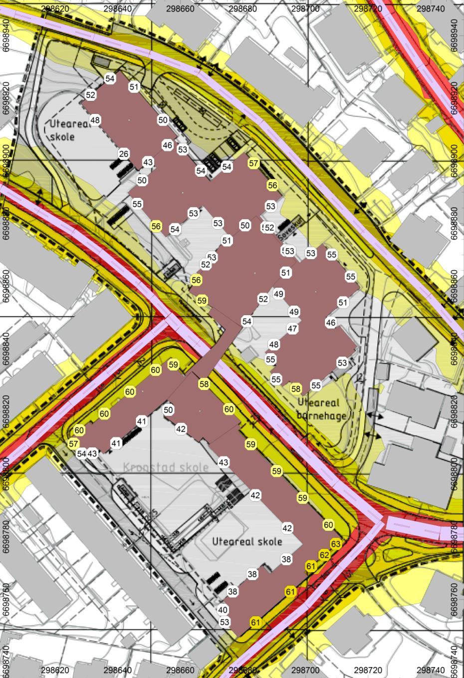 Overskridelse av grenseverdi på liten del av uteareal til skole Kronstadveien Jonas Lies v. Støynivå overskrider grenseverdi på uteareal til barnehage. Hunstadsv. Figur 5.