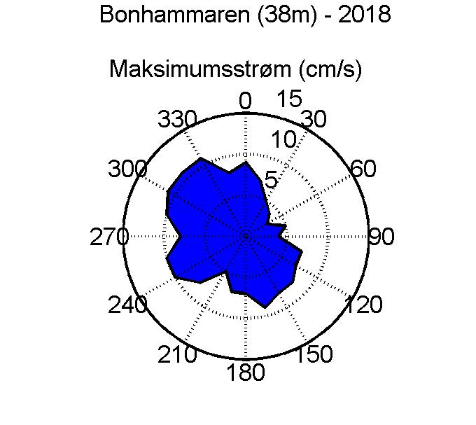 Maksimal hastighet Strømstyrke og retningsfordeling. Totallengden på sektorene indikerer andel målinger (%) i respektive retninger i løpet av måleperioden.