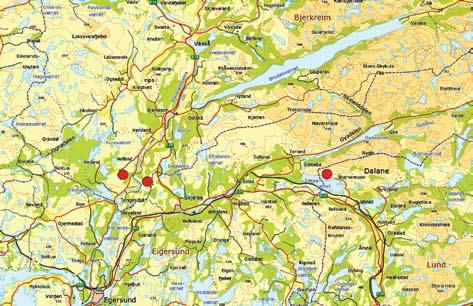 FLORISTISK SMÅGODT 1 Figur 1. Kart over dei nye kommunefunna av jåblom Parnassia palustris i Bjerkreim og Lund kommunar.