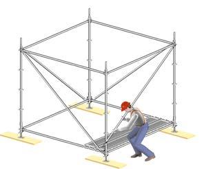 Monter plattinger og lukeplatting. Diagonaler monteres mest hensiktsmessig på utsiden av stillaset. 8. Slå fast kilene med hammer. Fig. 58 Fig. 55 1.