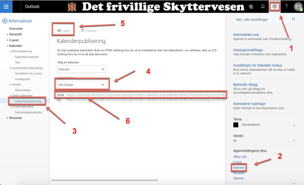 Vedlegg 1 Hvordan embedde Office 365-kalenderen i DFS Grasrot Alle skytterlag/samlag har kalender på Office 365-kontoen.