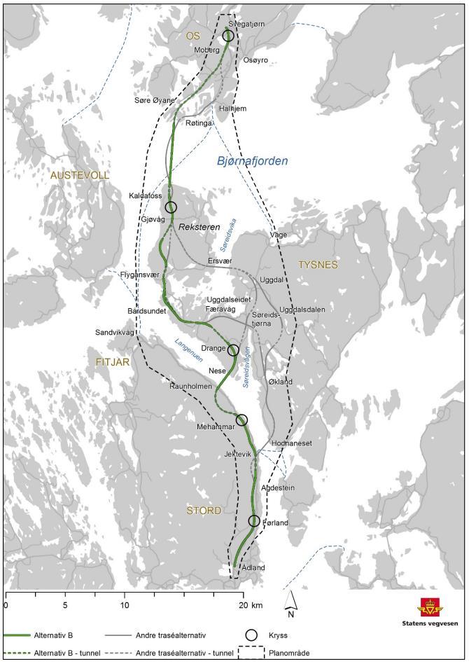 Figur 1-2: Trasé for alternativ B. Kilde: Statens Vegvesen. Alternativ B har en betydelig lavere investeringskostnad en alternativ D og alternativ E, og er marginalt billigere enn alternativ F.