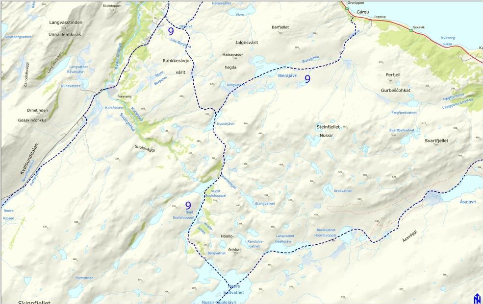 Støy kan være sjenerende i Kvalsund og Gargo ved løypestart. Løype 9A, Gargo Bierajavri Nussirjavri Løype nr.10: Skuterløype nr.