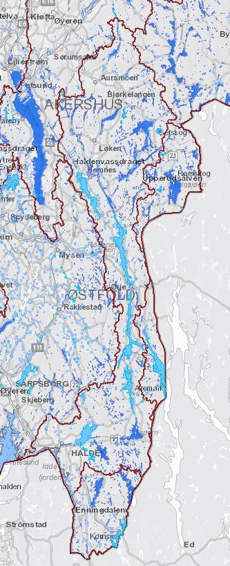 Figur 2: Kart av Haldenvassdraget vannområde med vannforekomster som benyttes til drikkevann i lyseblått.