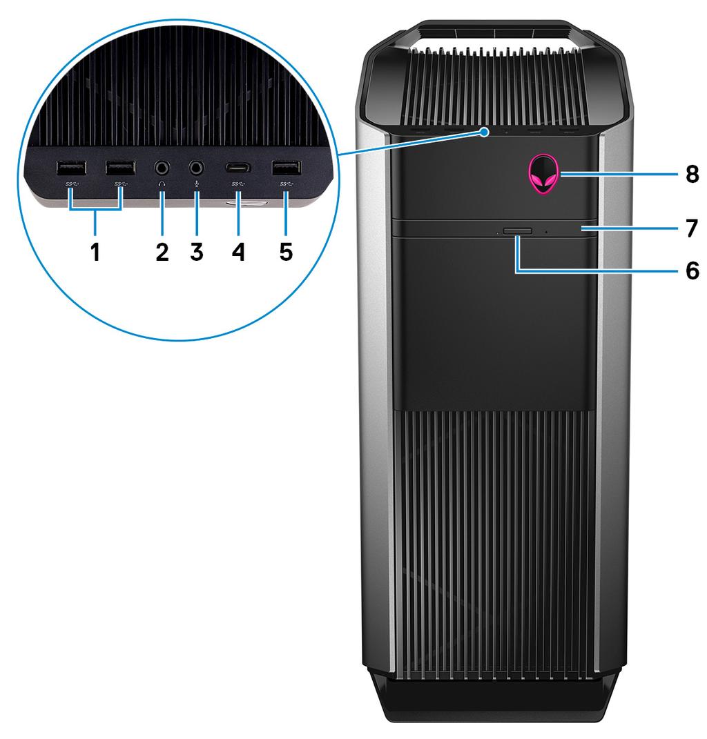 Visninger Forsiden 1 USB 3.1 Gen 1-porter (2) Koble til eksterne enheter som eksterne lagringsenheter og skrivere.