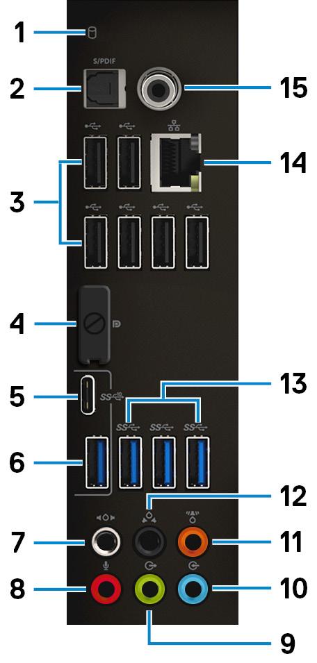 Bakpanel 1 Aktivitetslampe for harddisk Slår på når datamaskinen leser fra eller skriver til harddisken.