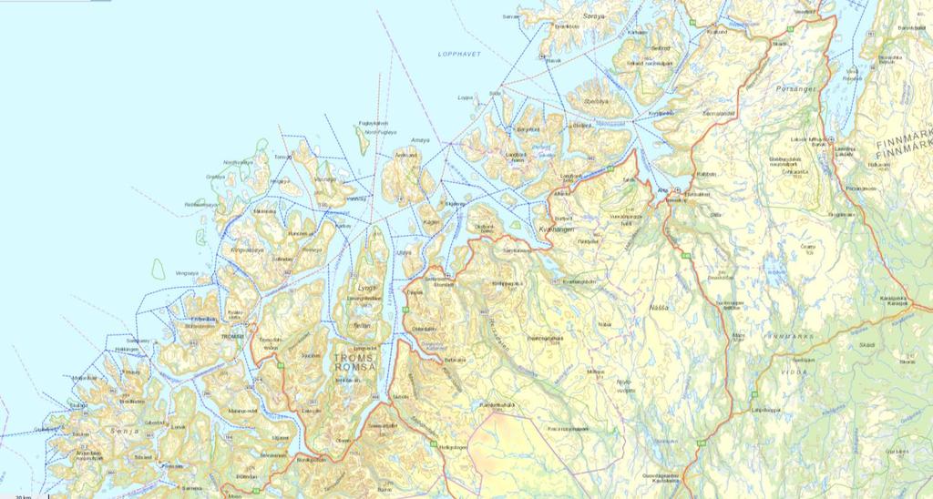 5.3 Lokalisering av avstand fra hovedleia Figur 5-4 viser lokaliseringen av de kaiene i Nord-Troms som vi antar er mest aktuell i den enkelte kommune. For Lyngen har vi benyttet Furuflaten, bl.a. fordi et nytt kaianlegg kommer i drift i 2019.