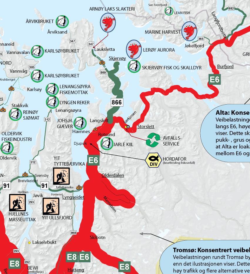 Figur 8-5 viser ut utsnitt av veibelastningskartet for Troms og Finnmark i 2017. Røde veier er statlige og grønne er fylkeskommunale.