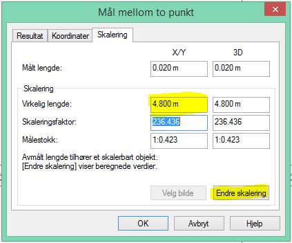Sette inn dwg-fil 27 Velg fanen Skalering og endre verdien i feltet Virkelig lengde fra 0.020m til 4.