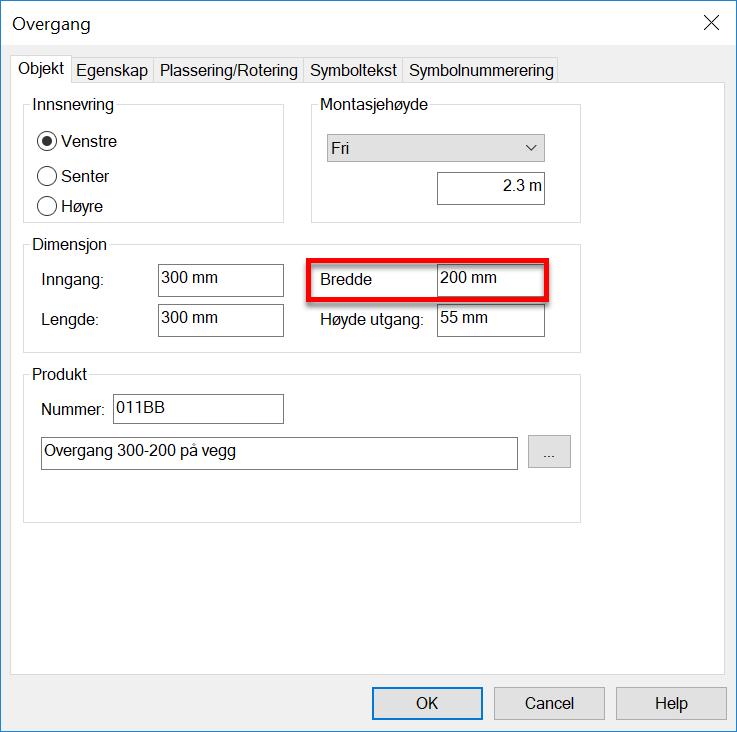 Installasjon 79 Velg dimensjon på utgang i markert felt og eventuell lengde på overgangen. Det er mulig å velge type overgang fra produktdatabasen med knappen [ ] nest nederst.