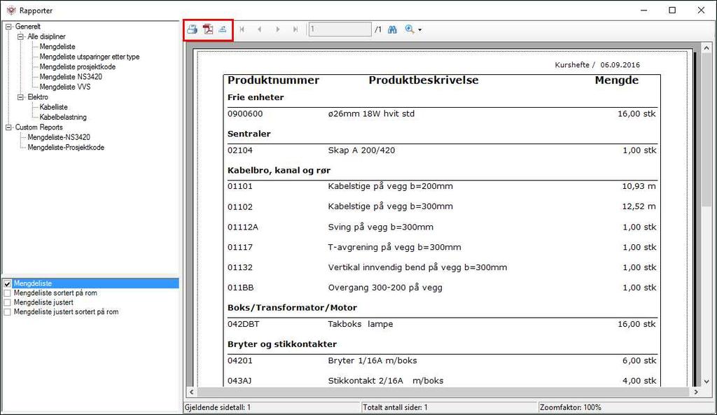 96 Installasjon Velg i venstre felt hvilken rapport som ønskes. Rapporten forhåndsvises i høyre felt og kan skrives ut eller eksporteres til ulike formater med knappene i verktøylinjen øverst.