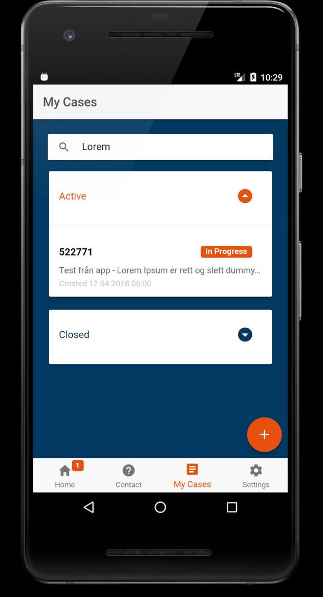 My Cases Det første brukeren møter i denne fanen er et søkefelt der man kan filtrere aktive og lukkede saker.