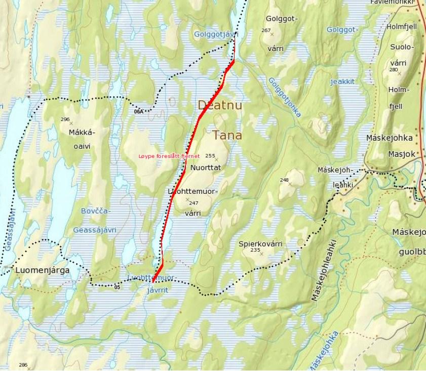 Kart 7. Løypestrekning (6D) som foreslås fjernet. Løype 7 (Ifjordfjellet) Dagens trasé går hovedsakelig langs hovedveien fra Šuoššjohka til Storelva.