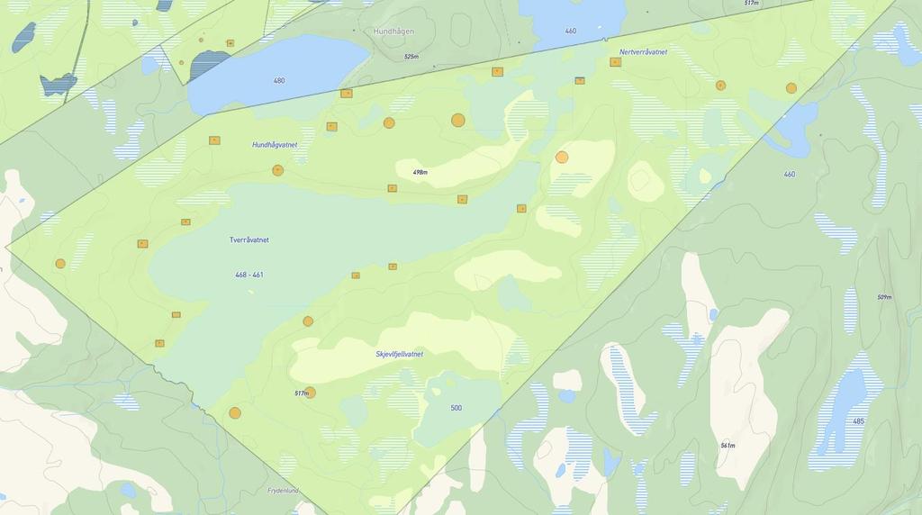 ved Tverråvatn Ved Tverråvatn er det regulert inn et hyttefelt med 24 tomter,