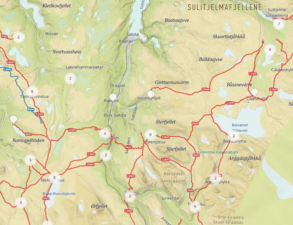 4.3 Verdivurdering 4.3.1 Saltdal kommune - turstier Kartet nedenfor viser et utsnitt fra ut.no sitt kart, der populære turer i området er markert.