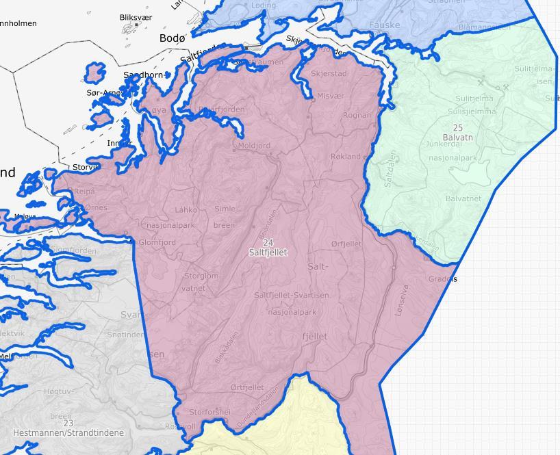 Uttaksområdet Figur 7 Tiltaksområdet ligger i Saltfjellet reinbeitedistrikt Et distrikt kan være inndelt i flere siidaer igjen.