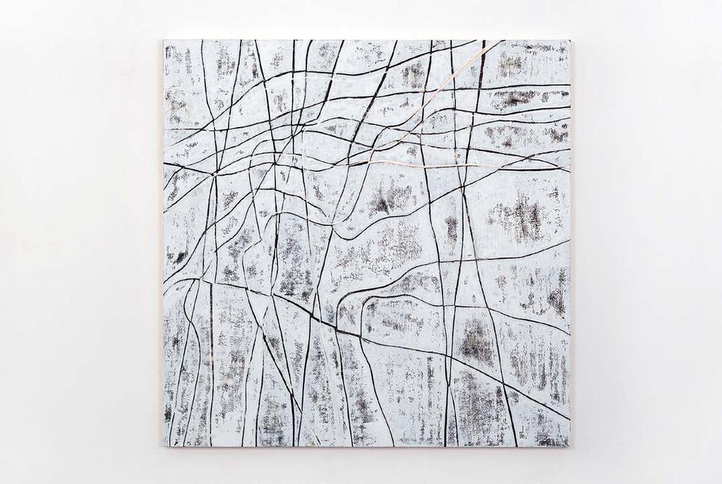 Elke Schweigart (DE) Untitled Linotrykk på tre 79x79cm Lisbeth Skranes Langs Akerselva Tresnitt, chine collé 33x56cm NORSKE GRAFIKERE NORSKE GRAFIKERE The linocut shows a mesh of lines that runs