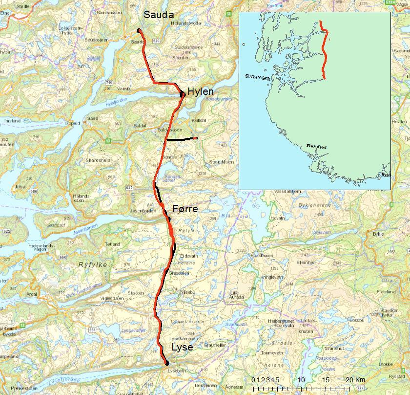 Miljø- og transport- og anleggsplan (MTA) Side 8 av 33 2. PROSJEKTBESKRIVELSE Statnett planlegger å spenningsoppgradere ledninger på strekninger mellom Sauda og Lysebotn fra 300 kv til 420 kv.