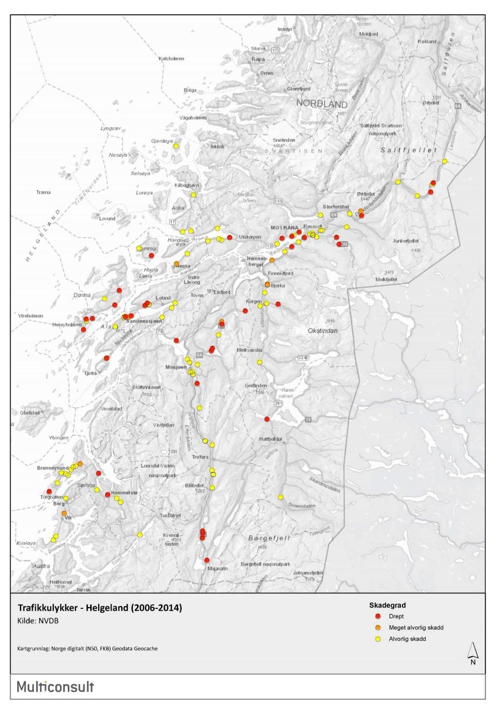 Figur 1 Geografisk lokalisering av alvorlig skadde og drepte i trafikken i perioden 2006 2014 Beredskap for trafikkulykker er en viktig oppgave for ambulansetjenesten.