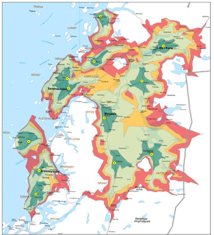 Figur 5 Beregnede responstider i nåværende basestruktur Med denne fordelingen og beregnet pr ambulansesone