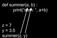 Variablene man sender med blir de som er med som argument i prosedyren. Syntaks: def prosedyre_navn(parameter1, parameter2, ) # kan ha så mange parametere man vil <gjøre ting> Feks.
