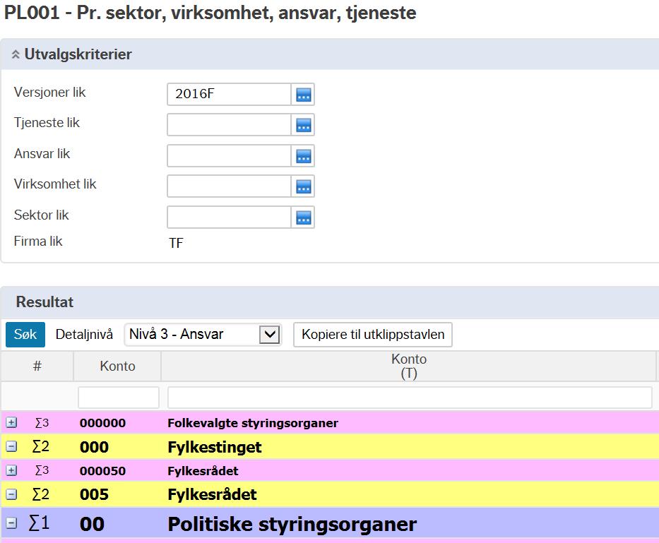 I arkfanen «PL001 Pr. sektor, virksomhet, ansvar, tjeneste kan ulike utvalgskriterier velges. Dersom kun 20XXF velges som kriterie, vil alle overførte budsjettforslag vises.