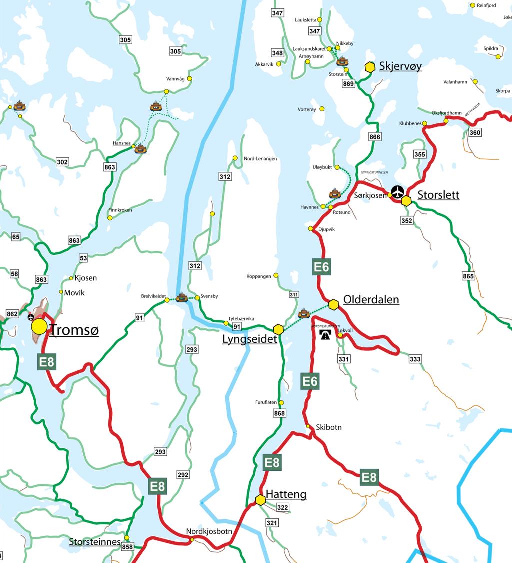 Kartet viser lokaliseringen av de fire fergesambandene i Nord-Troms. Det har vært stor vekst i Arnøysambandet på FV869.