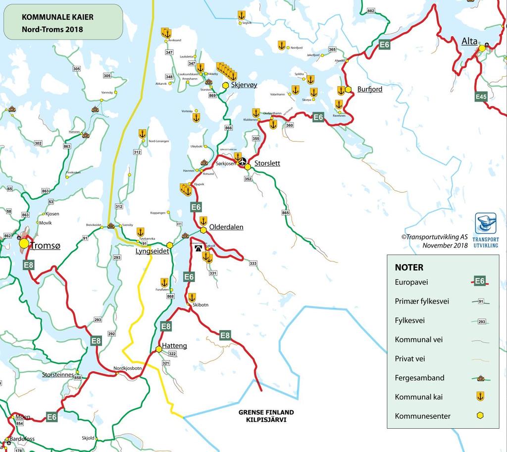 Kartet viser lokaliseringen av de 30 kommunale kaianleggene i Nord-Troms. Kvænangen har 7 kommunale kaianlegg.