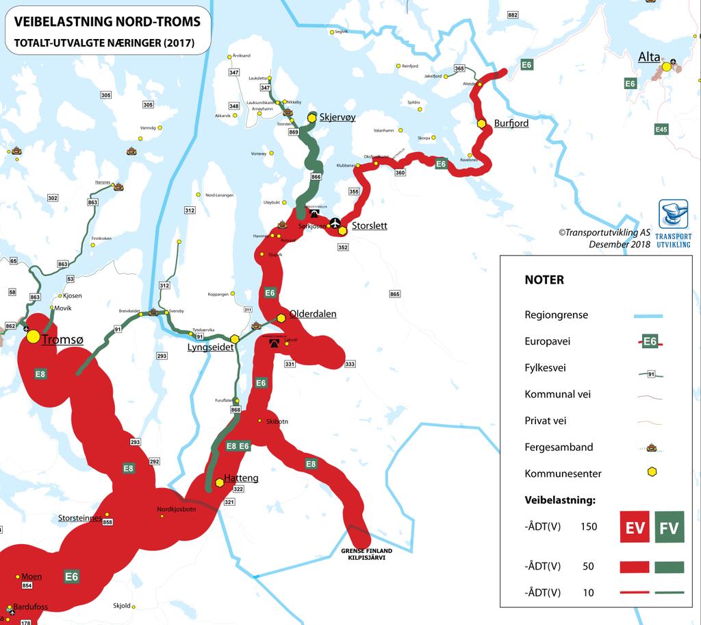3 VEITRANSPORTARBEIDET Med utgangspunkt i tall fra 2017 er det utarbeidet to kart over transportarbeidet med tunge kjøretøy på vei i Nord-Troms; totaltall for utvalgte næringer og for sjømatnæringen.