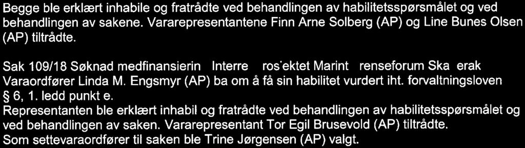 Begge ble erklært inhabile og fratrådte ved behandlingen av habilitetsspørsmålet og ved behandlingen av sakene. Vararepresentantene Finn Arne Solberg (AP) og Line Bunes Olsen (AP) tiltrådte.