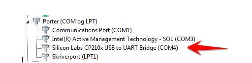 . Etter Silicon Labs CP210x vil det stå hvilke COM port som blir benyttet, denne skal benyttes videre i oppsettet. NB!