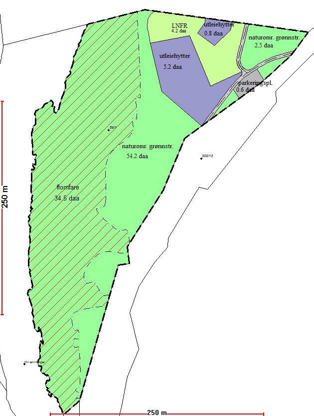 Arealformål Bebyggelse og anlegg: Utleiehytter Samferdselsanlegg og teknisk infrastruktur: Kjøreveg Parkering Landbruks-, natur- og