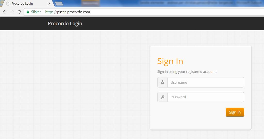 Åpne en nettleser og logg inn på pscan.procordo.com (lagre nettsiden som favoritt i nettleser) «Username» er automatisk valgt, og du kan med en gang skanne bruker og deretter direkte passord.