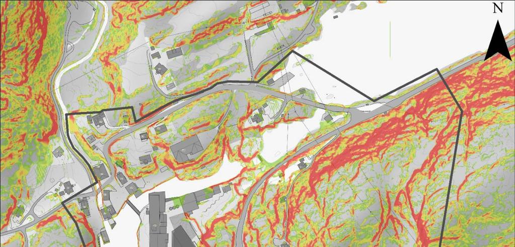 Figur 2. Helningskart fra området laget i ArcMap med kartgrunnlag fra kartverket. Helningsvinkel er vist med fargene beskrevet i det venstre hjørnet på figuren.