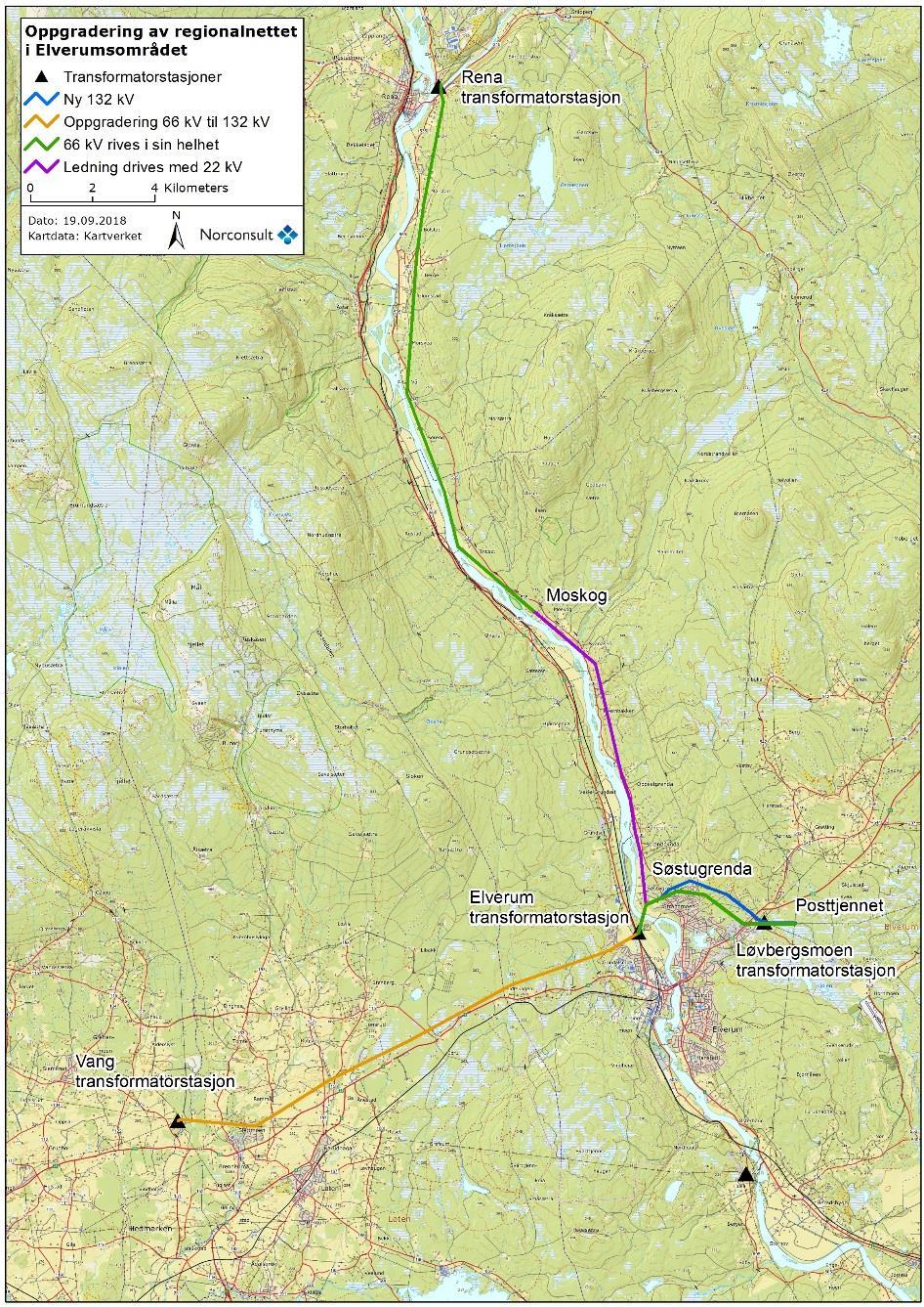 Prosjektbeskrivelse Ved oppgradering av regionalnett i Elverumsområdet planlegges det rivning av eksisterende 66 kv ledninger, oppgradering av eksisterende ledninger og bygging av ny 132 kv ledning.