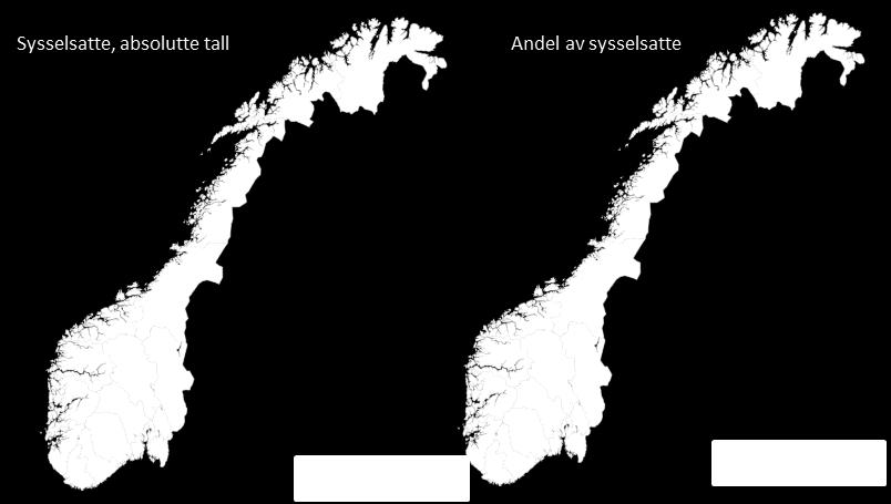 Figur 1: Varmekart over maritimt sysselsatte (t.v.) og andel av sysselsettingen i fylket (t.h.). Kilde: Menon Skipsfart henger uløselig sammen med internasjonal handel.