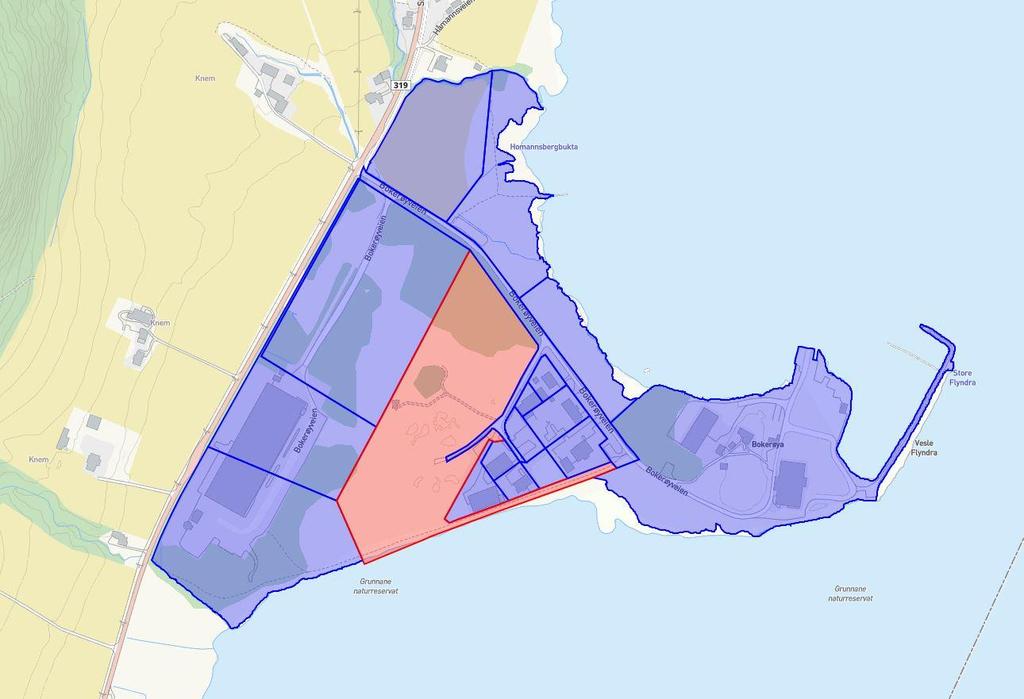 Figur 6: Oversikt over direkte berørte eiendommer og naboer markert i blått. Kommunens eiendom gbnr.
