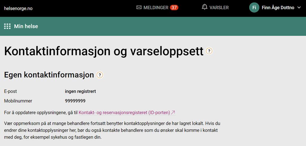 Varseloppsett og kontaktinformasjon Her har du mulighet til å se kontaktinformasjonen din,