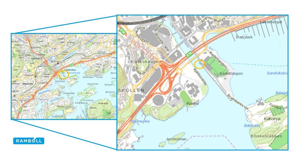 Figur 1. Venstre: Oversiktskart over området (1:40 000), Kadettangen er vist med oransje sirkel. Høyre: Detaljkart over området (1:10 000), Rigmorbrygga er vist med oransje sirkel.